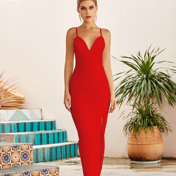 NEW! DESIGNER RED BANDAGE DRESS ELEGANT COUTURE DRESS THIGH SLIT THIN STRAPS - Picture 1 of 6